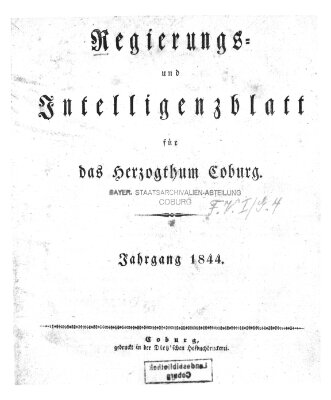 Regierungs- und Intelligenzblatt für das Herzogtum Coburg (Coburger Regierungs-Blatt) Samstag 6. Januar 1844