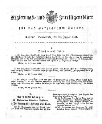 Regierungs- und Intelligenzblatt für das Herzogtum Coburg (Coburger Regierungs-Blatt) Samstag 20. Januar 1844