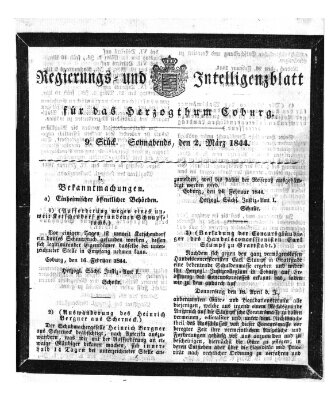 Regierungs- und Intelligenzblatt für das Herzogtum Coburg (Coburger Regierungs-Blatt) Samstag 2. März 1844