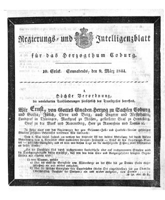 Regierungs- und Intelligenzblatt für das Herzogtum Coburg (Coburger Regierungs-Blatt) Samstag 9. März 1844