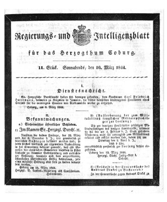 Regierungs- und Intelligenzblatt für das Herzogtum Coburg (Coburger Regierungs-Blatt) Samstag 16. März 1844