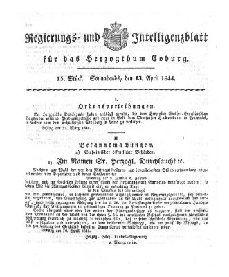 Regierungs- und Intelligenzblatt für das Herzogtum Coburg (Coburger Regierungs-Blatt) Samstag 13. April 1844