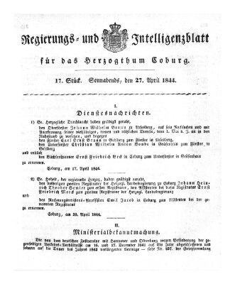 Regierungs- und Intelligenzblatt für das Herzogtum Coburg (Coburger Regierungs-Blatt) Samstag 27. April 1844