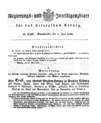 Regierungs- und Intelligenzblatt für das Herzogtum Coburg (Coburger Regierungs-Blatt) Samstag 1. Juni 1844