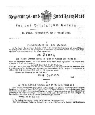 Regierungs- und Intelligenzblatt für das Herzogtum Coburg (Coburger Regierungs-Blatt) Samstag 3. August 1844