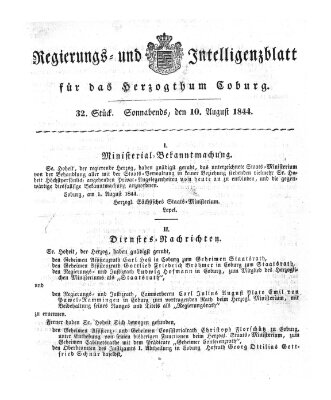 Regierungs- und Intelligenzblatt für das Herzogtum Coburg (Coburger Regierungs-Blatt) Samstag 10. August 1844