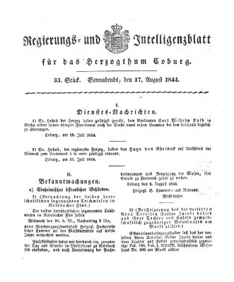 Regierungs- und Intelligenzblatt für das Herzogtum Coburg (Coburger Regierungs-Blatt) Samstag 17. August 1844