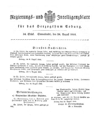 Regierungs- und Intelligenzblatt für das Herzogtum Coburg (Coburger Regierungs-Blatt) Samstag 24. August 1844