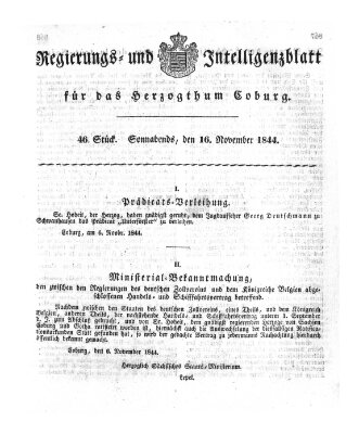 Regierungs- und Intelligenzblatt für das Herzogtum Coburg (Coburger Regierungs-Blatt) Samstag 16. November 1844