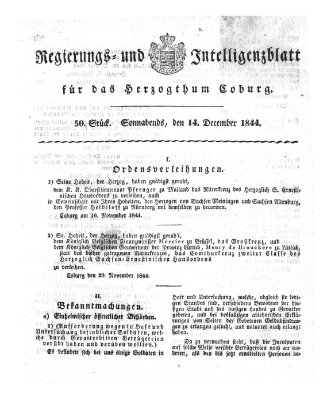 Regierungs- und Intelligenzblatt für das Herzogtum Coburg (Coburger Regierungs-Blatt) Samstag 14. Dezember 1844