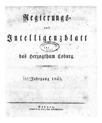 Regierungs- und Intelligenzblatt für das Herzogtum Coburg (Coburger Regierungs-Blatt) Samstag 4. Januar 1845