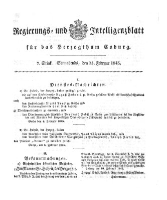 Regierungs- und Intelligenzblatt für das Herzogtum Coburg (Coburger Regierungs-Blatt) Samstag 15. Februar 1845