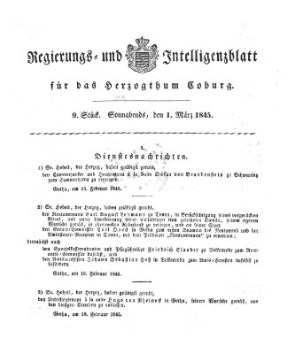 Regierungs- und Intelligenzblatt für das Herzogtum Coburg (Coburger Regierungs-Blatt) Samstag 1. März 1845