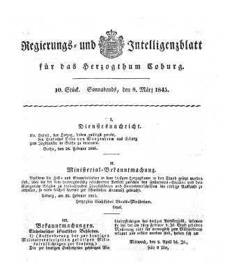 Regierungs- und Intelligenzblatt für das Herzogtum Coburg (Coburger Regierungs-Blatt) Samstag 8. März 1845