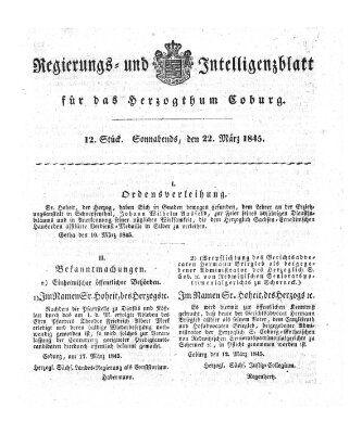 Regierungs- und Intelligenzblatt für das Herzogtum Coburg (Coburger Regierungs-Blatt) Samstag 22. März 1845