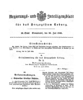 Regierungs- und Intelligenzblatt für das Herzogtum Coburg (Coburger Regierungs-Blatt) Samstag 26. Juli 1845