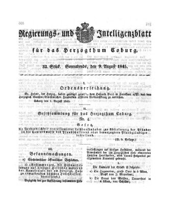 Regierungs- und Intelligenzblatt für das Herzogtum Coburg (Coburger Regierungs-Blatt) Samstag 9. August 1845