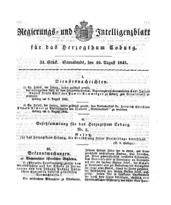 Regierungs- und Intelligenzblatt für das Herzogtum Coburg (Coburger Regierungs-Blatt) Samstag 16. August 1845