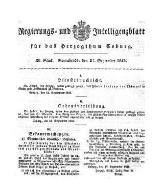 Regierungs- und Intelligenzblatt für das Herzogtum Coburg (Coburger Regierungs-Blatt) Samstag 27. September 1845