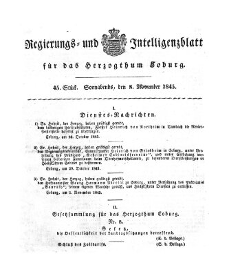 Regierungs- und Intelligenzblatt für das Herzogtum Coburg (Coburger Regierungs-Blatt) Samstag 8. November 1845