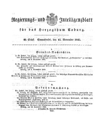 Regierungs- und Intelligenzblatt für das Herzogtum Coburg (Coburger Regierungs-Blatt) Samstag 15. November 1845