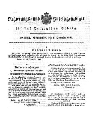 Regierungs- und Intelligenzblatt für das Herzogtum Coburg (Coburger Regierungs-Blatt) Samstag 6. Dezember 1845