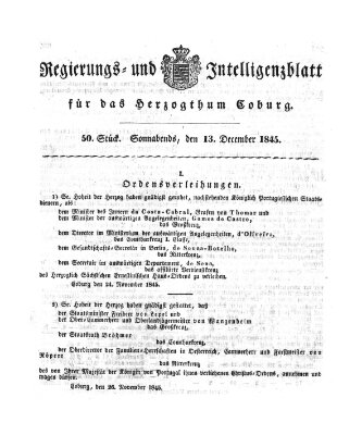 Regierungs- und Intelligenzblatt für das Herzogtum Coburg (Coburger Regierungs-Blatt) Samstag 13. Dezember 1845