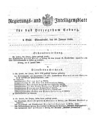 Regierungs- und Intelligenzblatt für das Herzogtum Coburg (Coburger Regierungs-Blatt) Samstag 10. Januar 1846