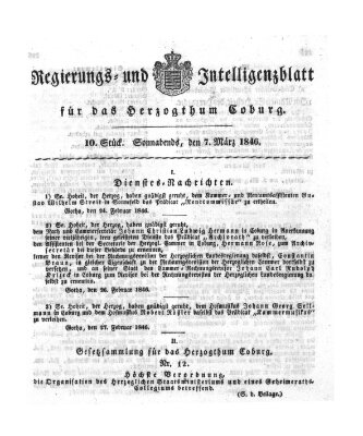 Regierungs- und Intelligenzblatt für das Herzogtum Coburg (Coburger Regierungs-Blatt) Samstag 7. März 1846