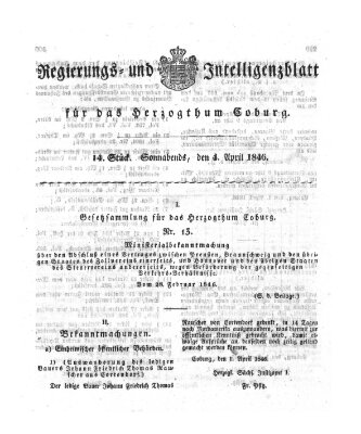 Regierungs- und Intelligenzblatt für das Herzogtum Coburg (Coburger Regierungs-Blatt) Samstag 4. April 1846