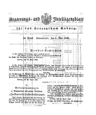 Regierungs- und Intelligenzblatt für das Herzogtum Coburg (Coburger Regierungs-Blatt) Samstag 2. Mai 1846