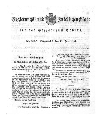 Regierungs- und Intelligenzblatt für das Herzogtum Coburg (Coburger Regierungs-Blatt) Samstag 27. Juni 1846