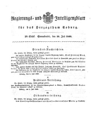 Regierungs- und Intelligenzblatt für das Herzogtum Coburg (Coburger Regierungs-Blatt) Samstag 18. Juli 1846