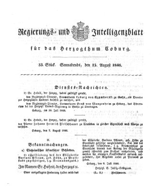 Regierungs- und Intelligenzblatt für das Herzogtum Coburg (Coburger Regierungs-Blatt) Samstag 15. August 1846