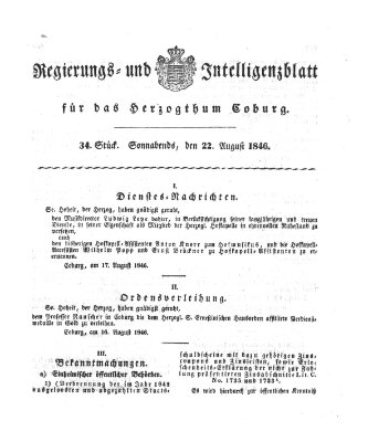 Regierungs- und Intelligenzblatt für das Herzogtum Coburg (Coburger Regierungs-Blatt) Samstag 22. August 1846