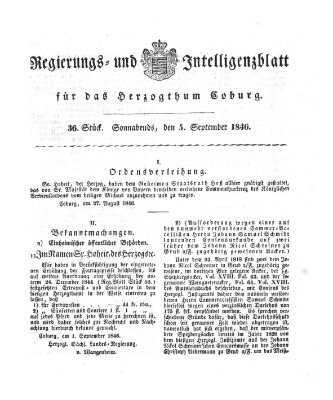 Regierungs- und Intelligenzblatt für das Herzogtum Coburg (Coburger Regierungs-Blatt) Samstag 5. September 1846