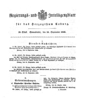 Regierungs- und Intelligenzblatt für das Herzogtum Coburg (Coburger Regierungs-Blatt) Samstag 26. September 1846