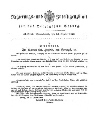 Regierungs- und Intelligenzblatt für das Herzogtum Coburg (Coburger Regierungs-Blatt) Samstag 24. Oktober 1846