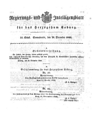 Regierungs- und Intelligenzblatt für das Herzogtum Coburg (Coburger Regierungs-Blatt) Samstag 26. Dezember 1846