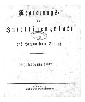 Regierungs- und Intelligenzblatt für das Herzogtum Coburg (Coburger Regierungs-Blatt) Samstag 2. Januar 1847