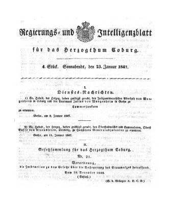 Regierungs- und Intelligenzblatt für das Herzogtum Coburg (Coburger Regierungs-Blatt) Samstag 23. Januar 1847