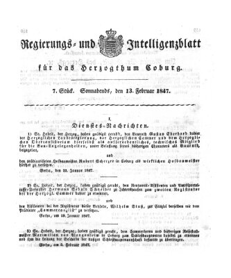 Regierungs- und Intelligenzblatt für das Herzogtum Coburg (Coburger Regierungs-Blatt) Samstag 13. Februar 1847