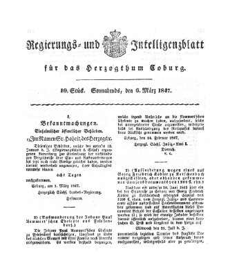 Regierungs- und Intelligenzblatt für das Herzogtum Coburg (Coburger Regierungs-Blatt) Samstag 6. März 1847