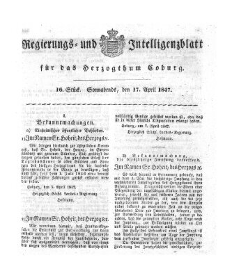 Regierungs- und Intelligenzblatt für das Herzogtum Coburg (Coburger Regierungs-Blatt) Samstag 17. April 1847