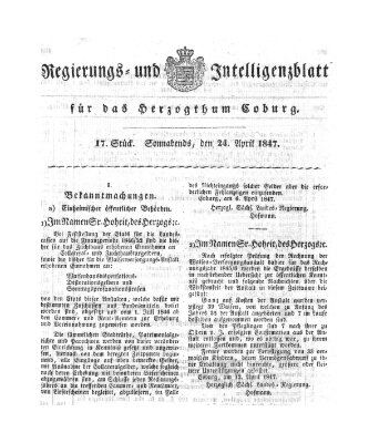 Regierungs- und Intelligenzblatt für das Herzogtum Coburg (Coburger Regierungs-Blatt) Samstag 24. April 1847