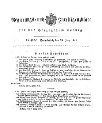 Regierungs- und Intelligenzblatt für das Herzogtum Coburg (Coburger Regierungs-Blatt) Samstag 19. Juni 1847