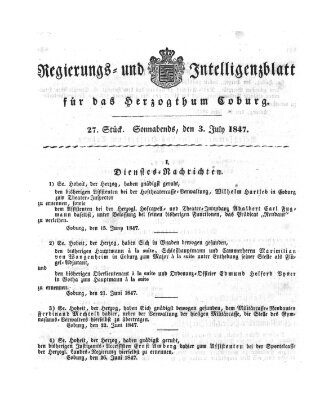 Regierungs- und Intelligenzblatt für das Herzogtum Coburg (Coburger Regierungs-Blatt) Samstag 3. Juli 1847