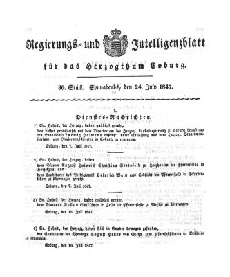 Regierungs- und Intelligenzblatt für das Herzogtum Coburg (Coburger Regierungs-Blatt) Samstag 24. Juli 1847