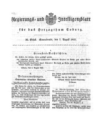 Regierungs- und Intelligenzblatt für das Herzogtum Coburg (Coburger Regierungs-Blatt) Samstag 7. August 1847