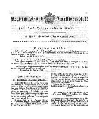 Regierungs- und Intelligenzblatt für das Herzogtum Coburg (Coburger Regierungs-Blatt) Samstag 9. Oktober 1847